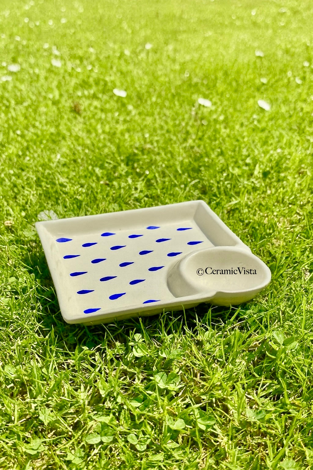 Handcrafted Square Snack Plate with Dip Bowl – Raindrop Blue Pattern | CeramicVista
