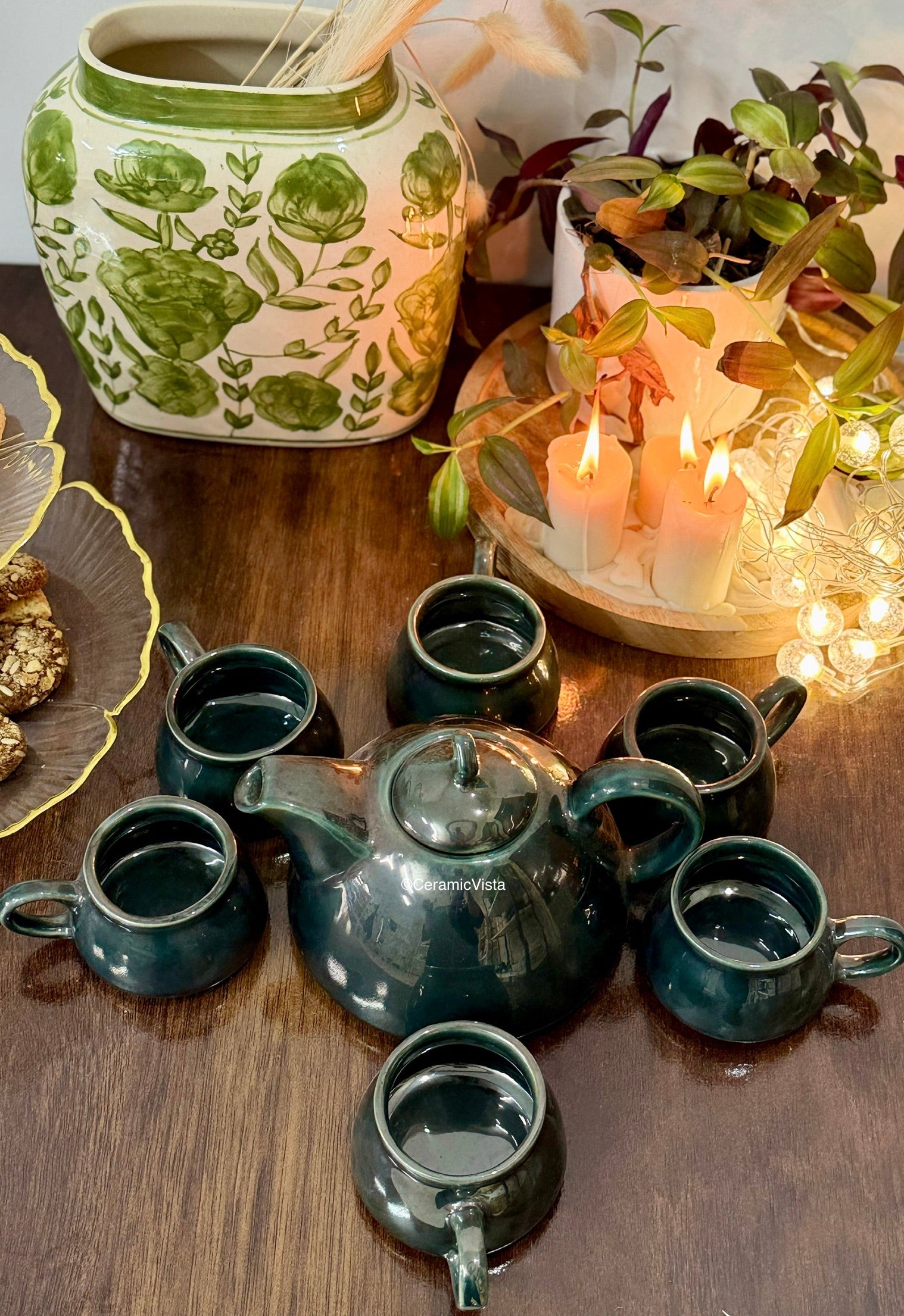 Emerald Glow Tea Set – 1 Kettle + 6 Cups | CeramicVista
