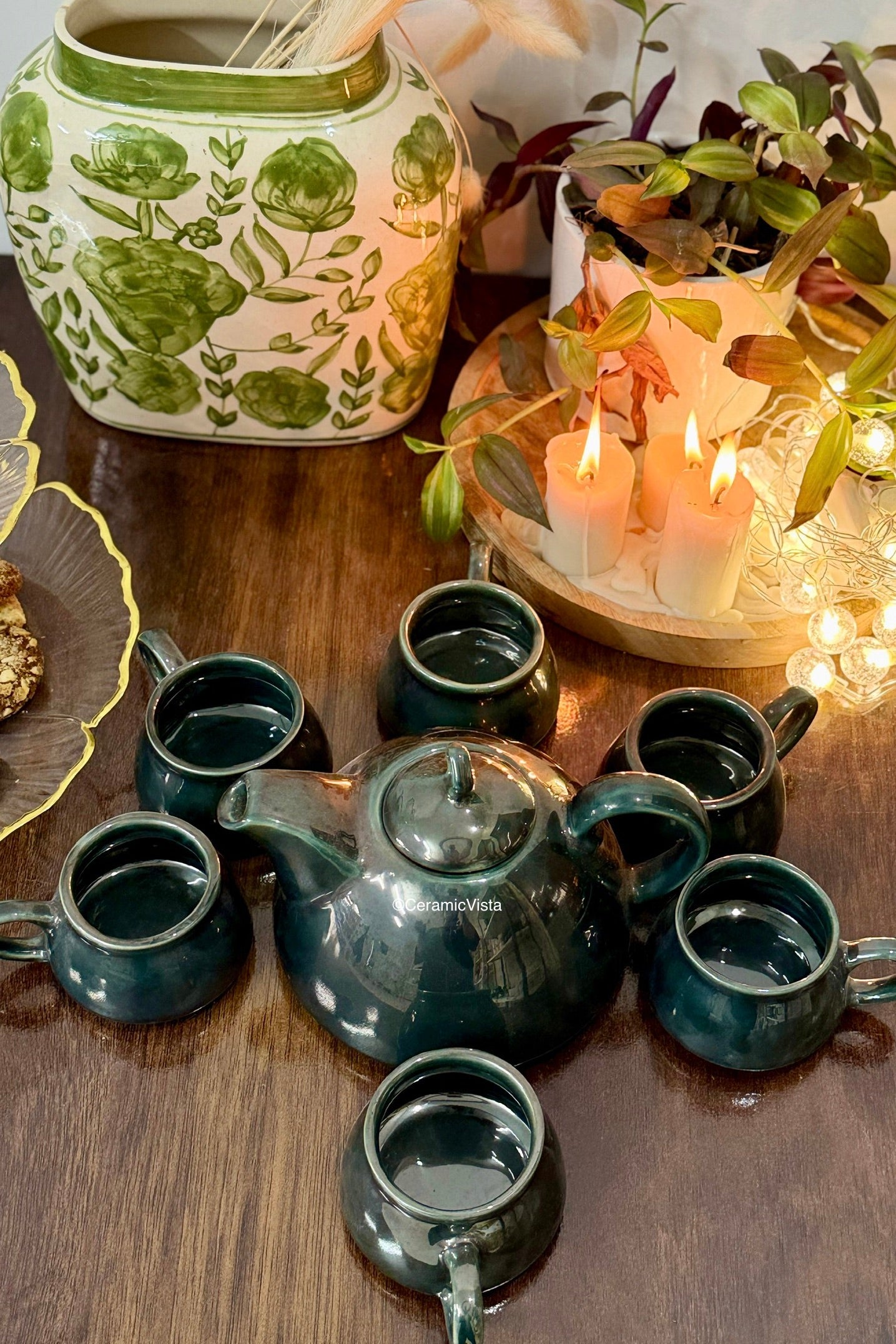 Emerald Glow Tea Set – 1 Kettle + 6 Cups | CeramicVista
