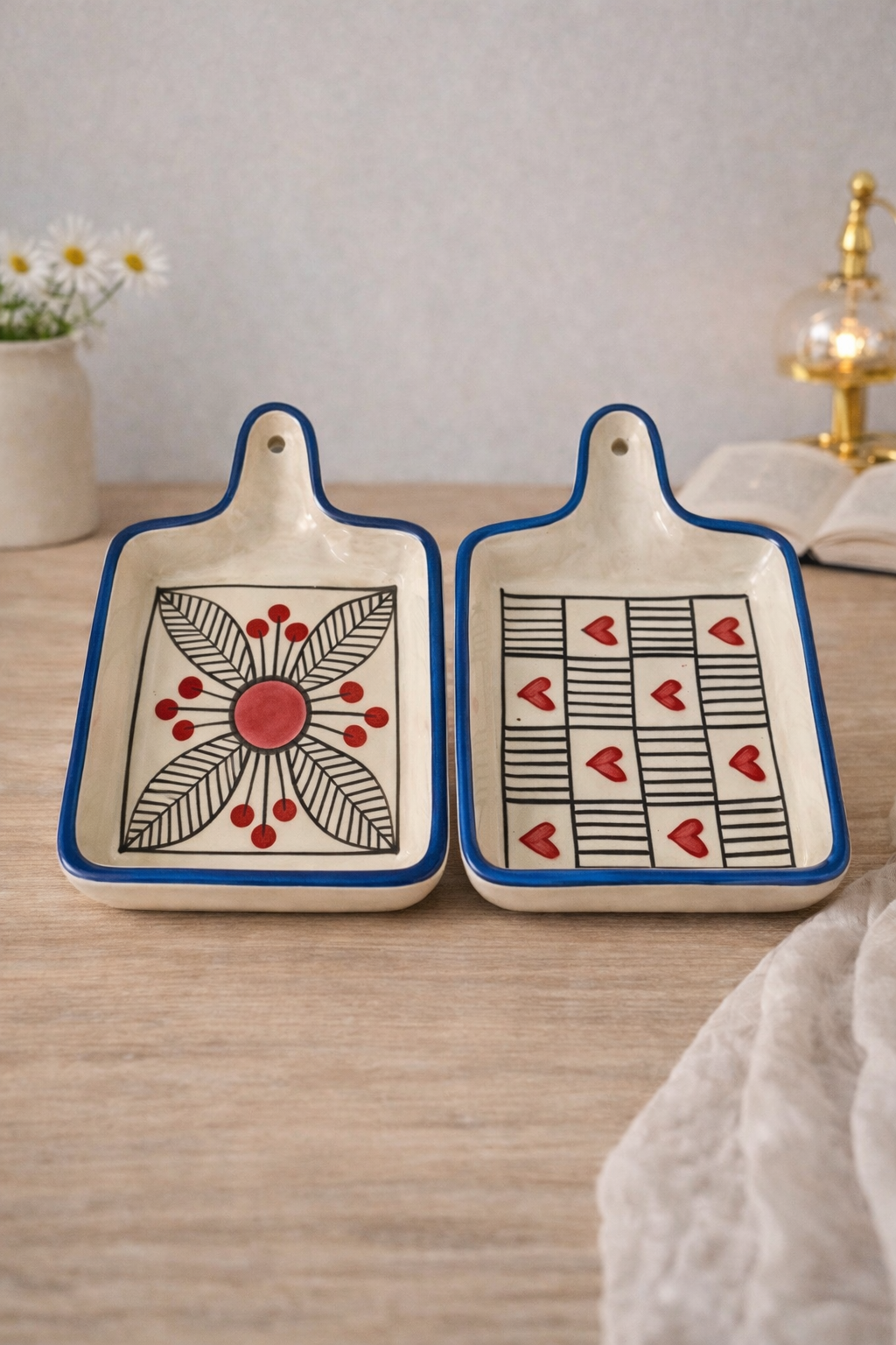 Handcrafted Floral and heart Ceramic Snack & Serve Platters – Set of 2