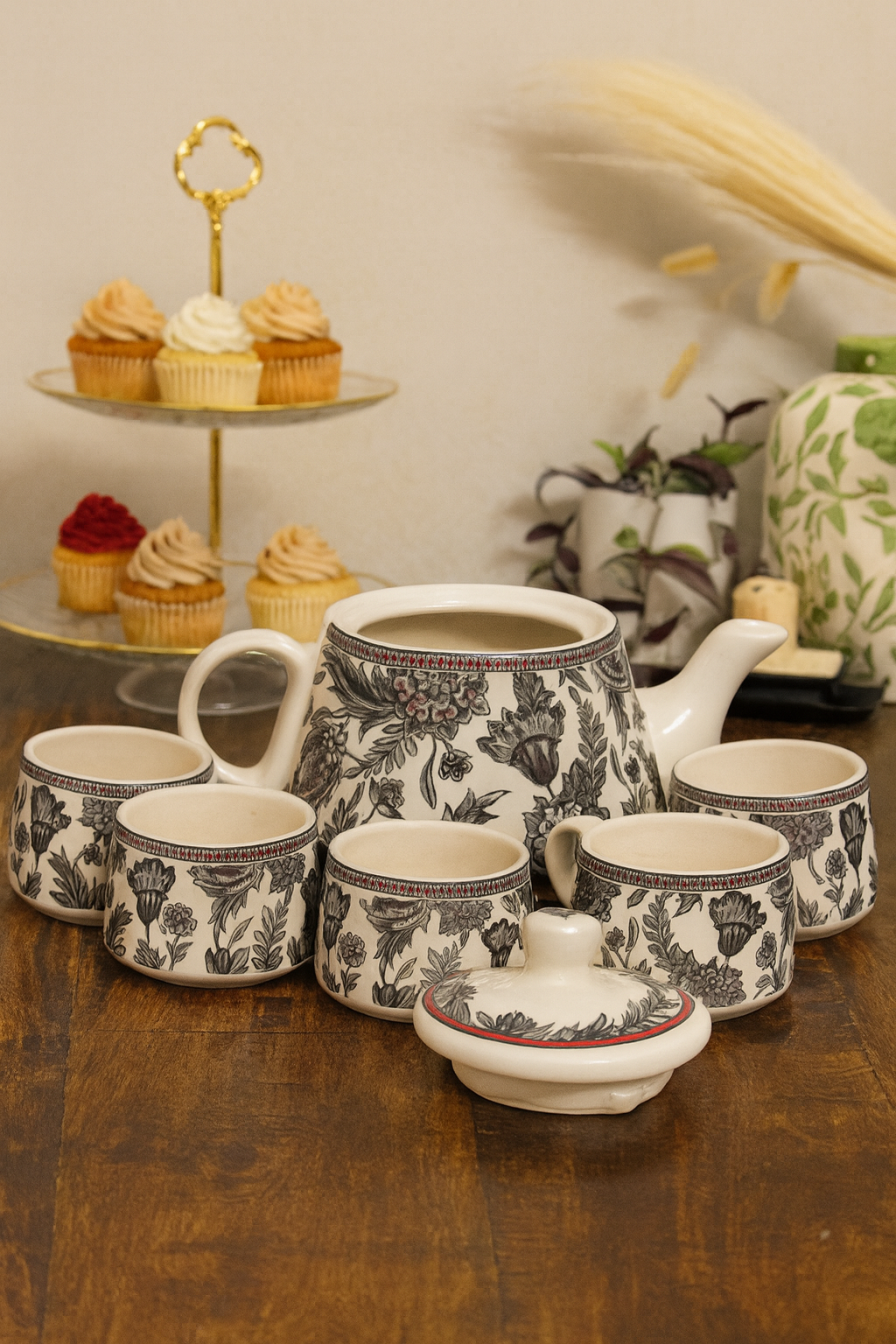 Hand-Painted Noir Blossom Ceramic Teapot Set (1 Kettle + 6 Cups) | CeramicVista