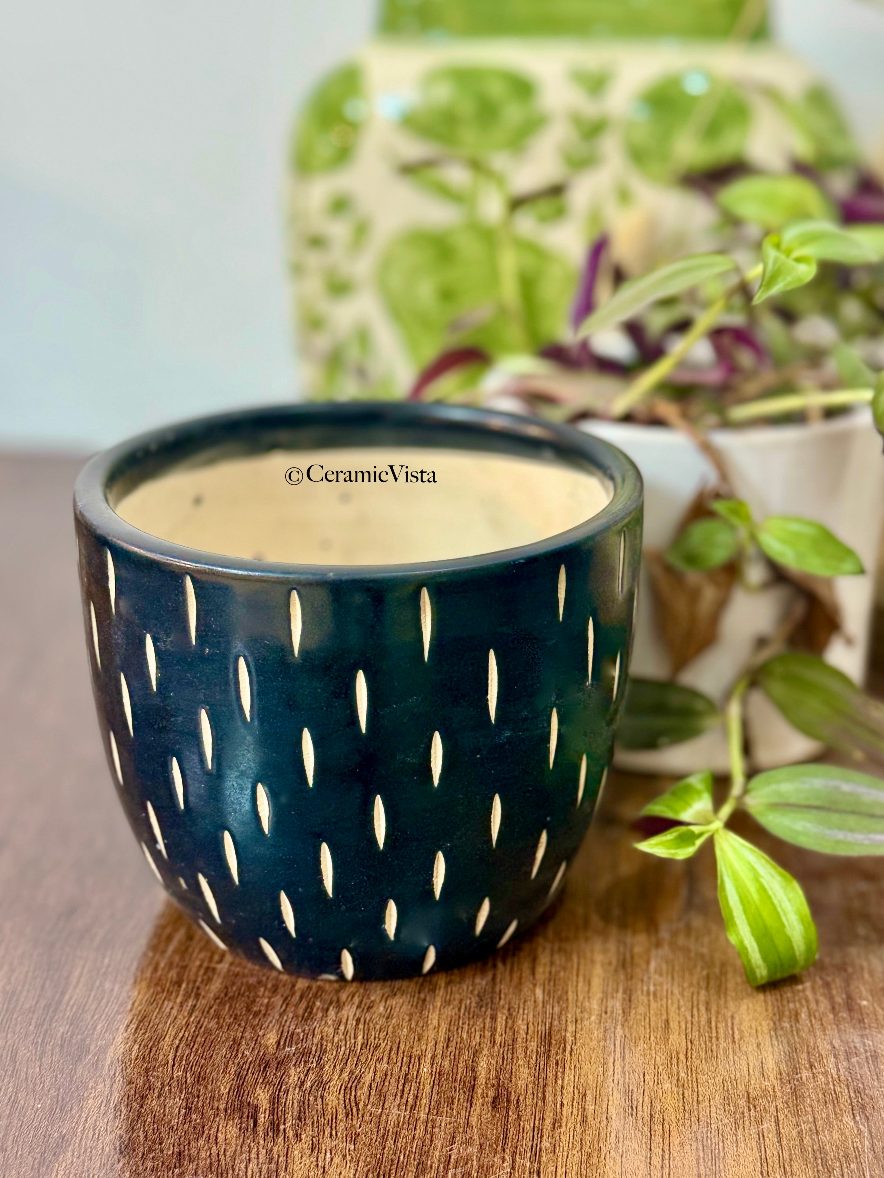Matte Black Carved Ceramic Planter – Handcrafted Indoor & Outdoor Pot | CeramicVista