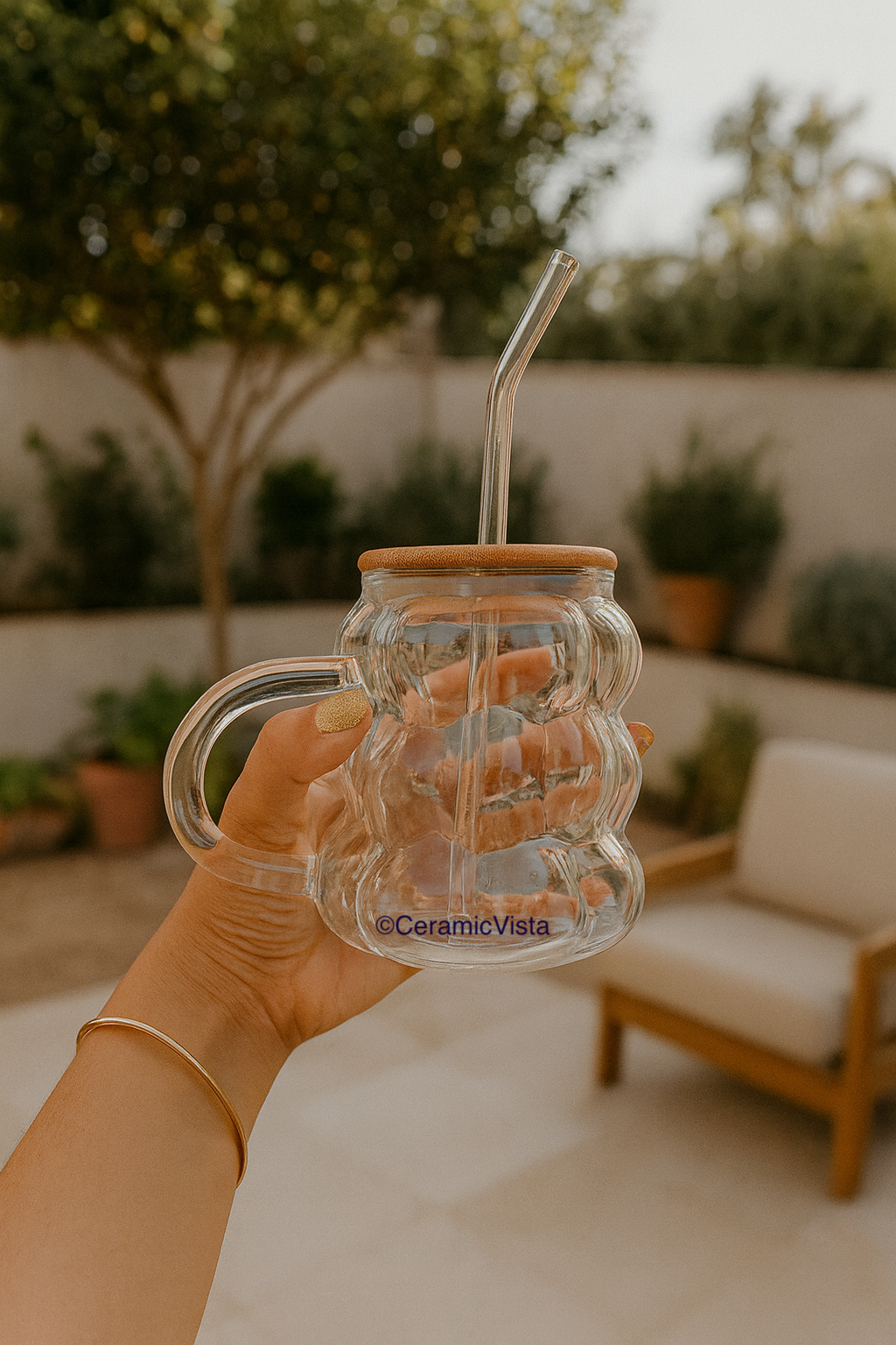 Bubble Glass Tumbler with Wooden Lid & Glass Straw – Handle Variant