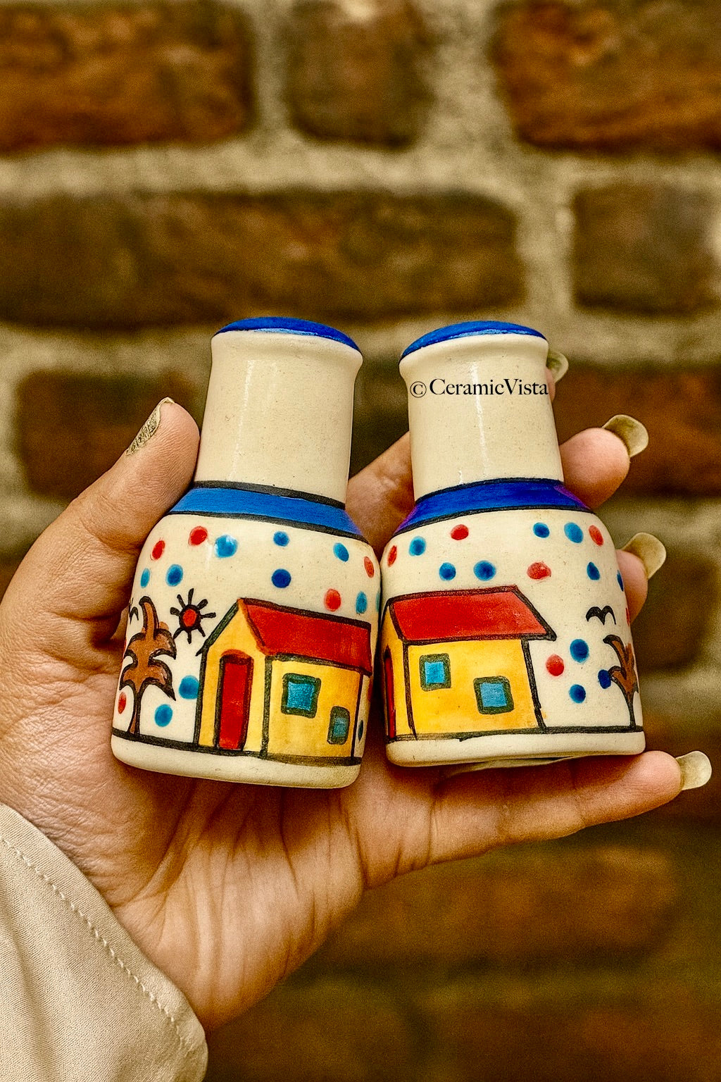 Hand-Painted Mini Ceramic Salt & Spice Shakers | Multicolour Traditional Patterned Salters| Organise your table with these cuties | CeramicVista