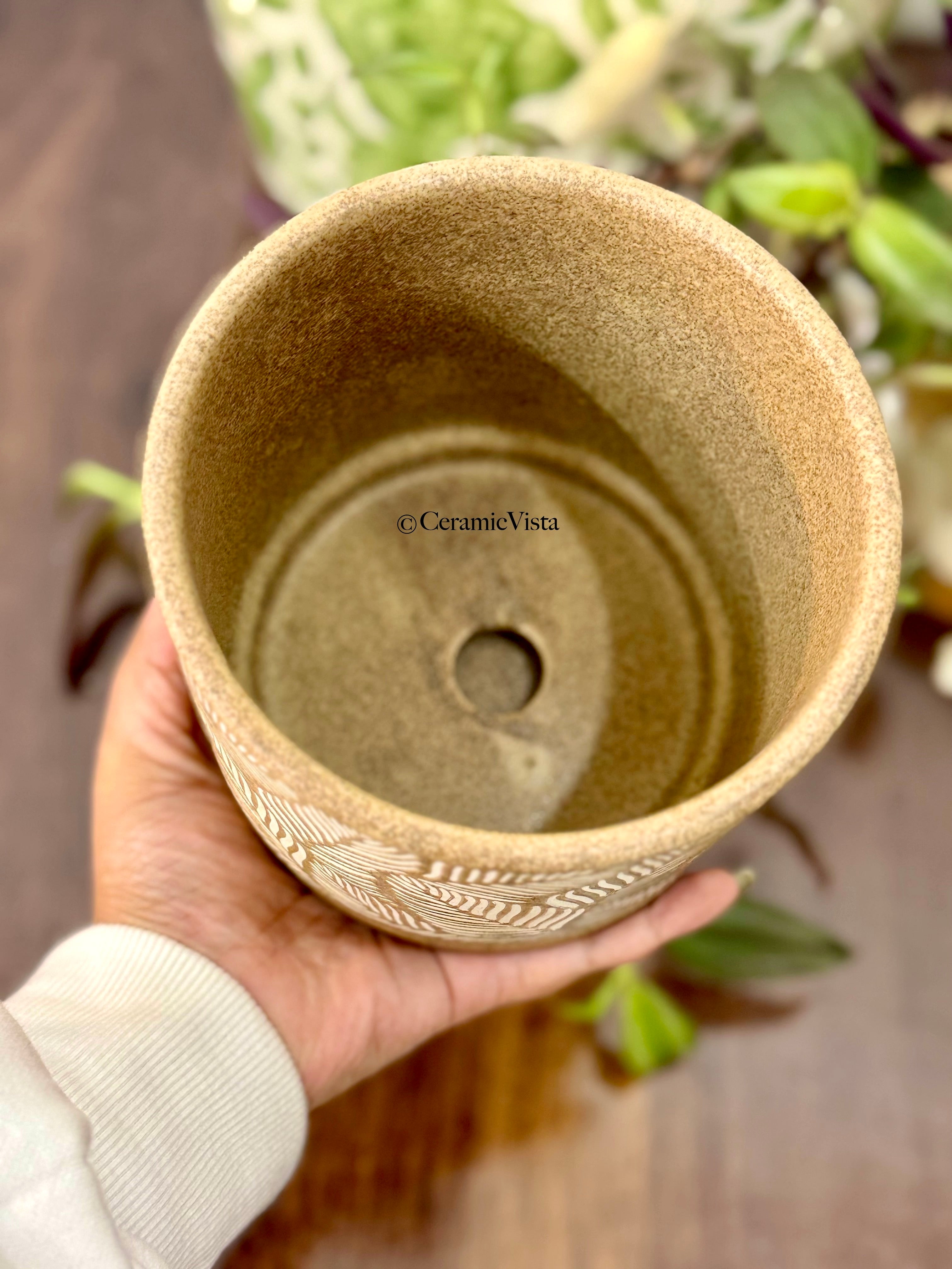 Earthy Leaf-Carved Ceramic Planter with Tray | CeramicVista