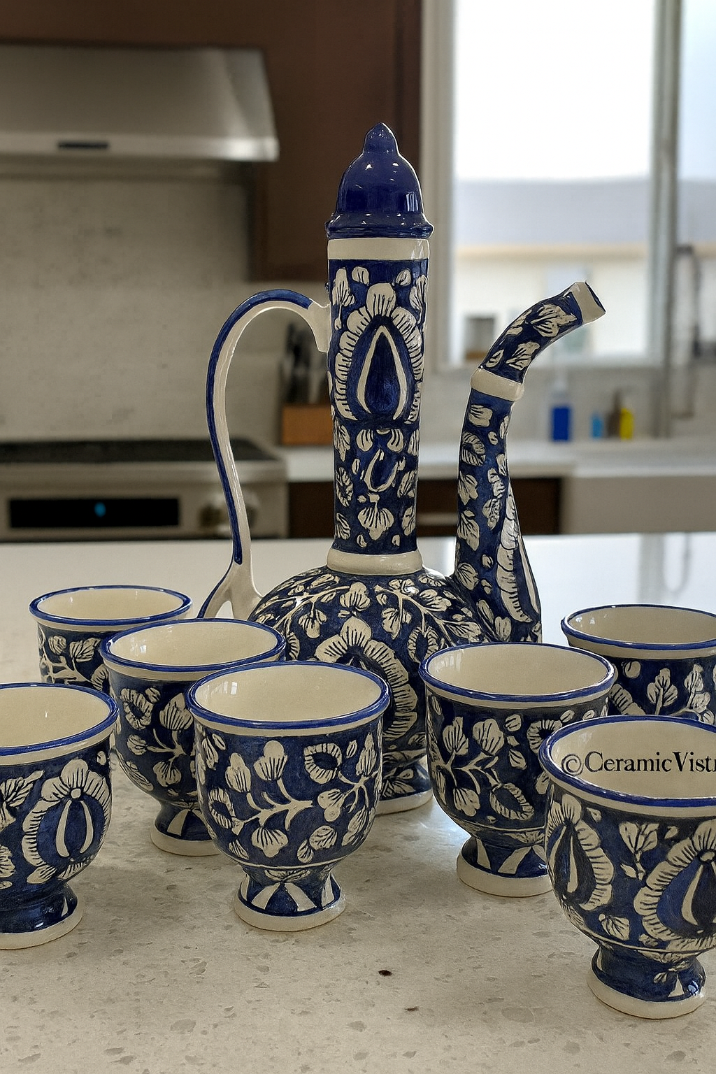 Handcrafted Blue & White Ceramic Tea Set/ Decor Item – Traditional Floral Design (7-Piece) | CeramicVista