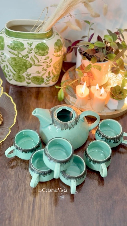 Mint Frost Drip Tea Set – 1 Kettle + 6 Cups | CeramicVista