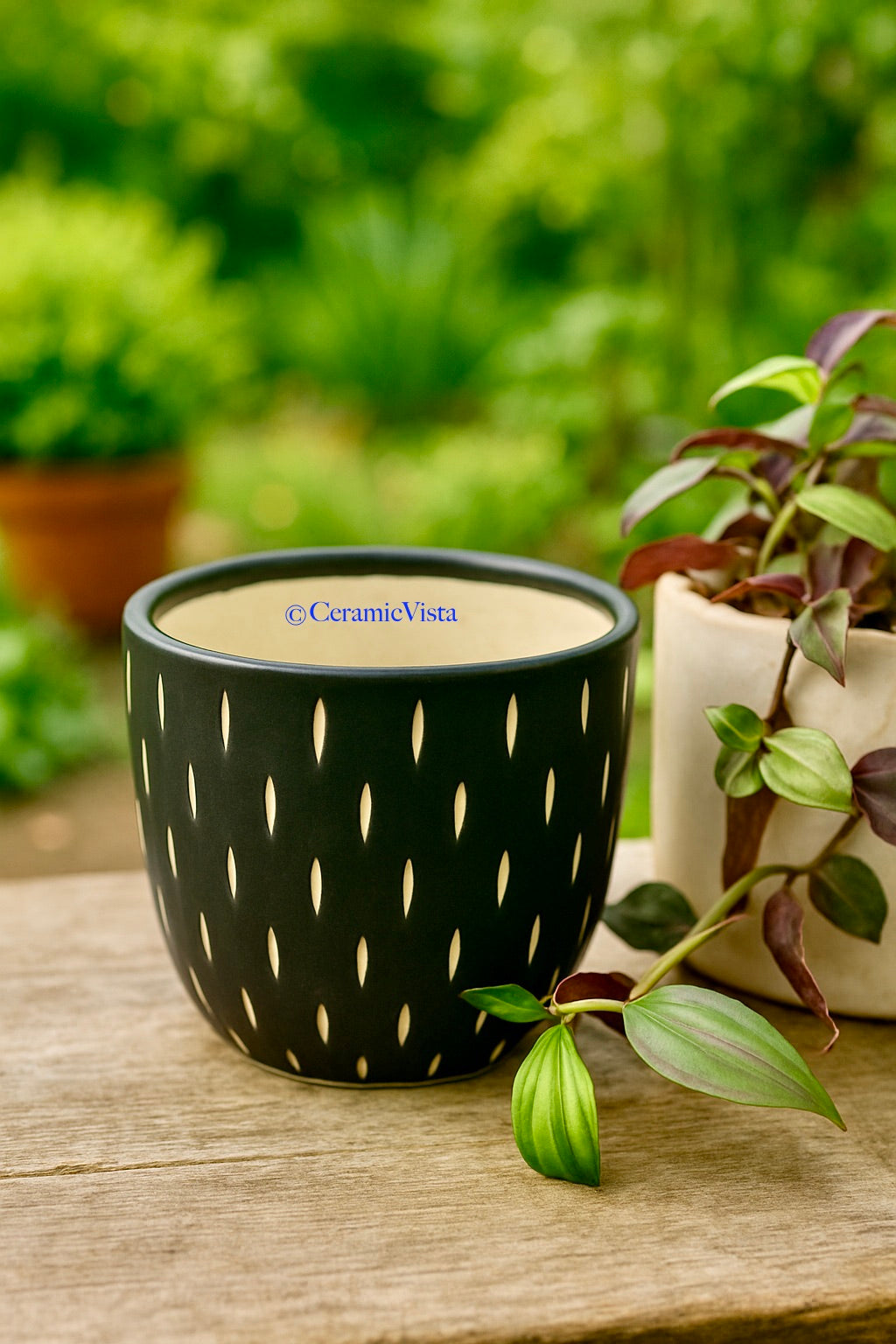 Matte Black Carved Ceramic Planter – Handcrafted Indoor & Outdoor Pot | CeramicVista