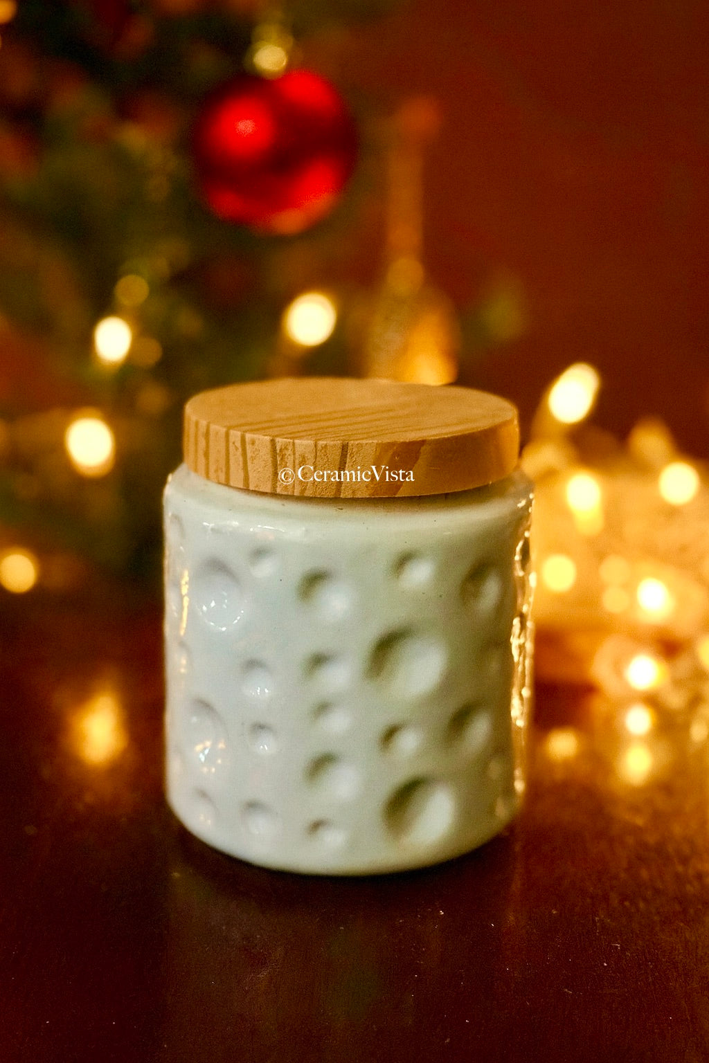 White Bubble Texture Ceramic Storage/Organise Jar with Wooden Lid | CeramicVista