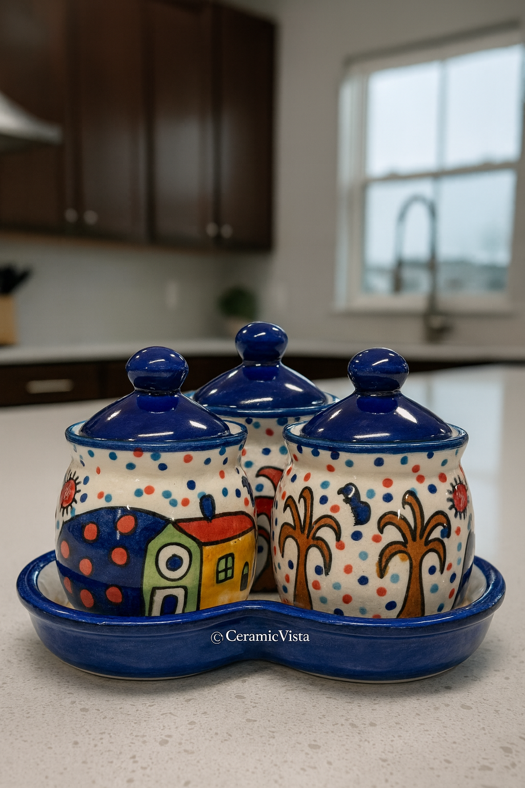 Hand-Painted Colourful Pickle/Achaar & Spice Jar Set with Tray | CeramicVista