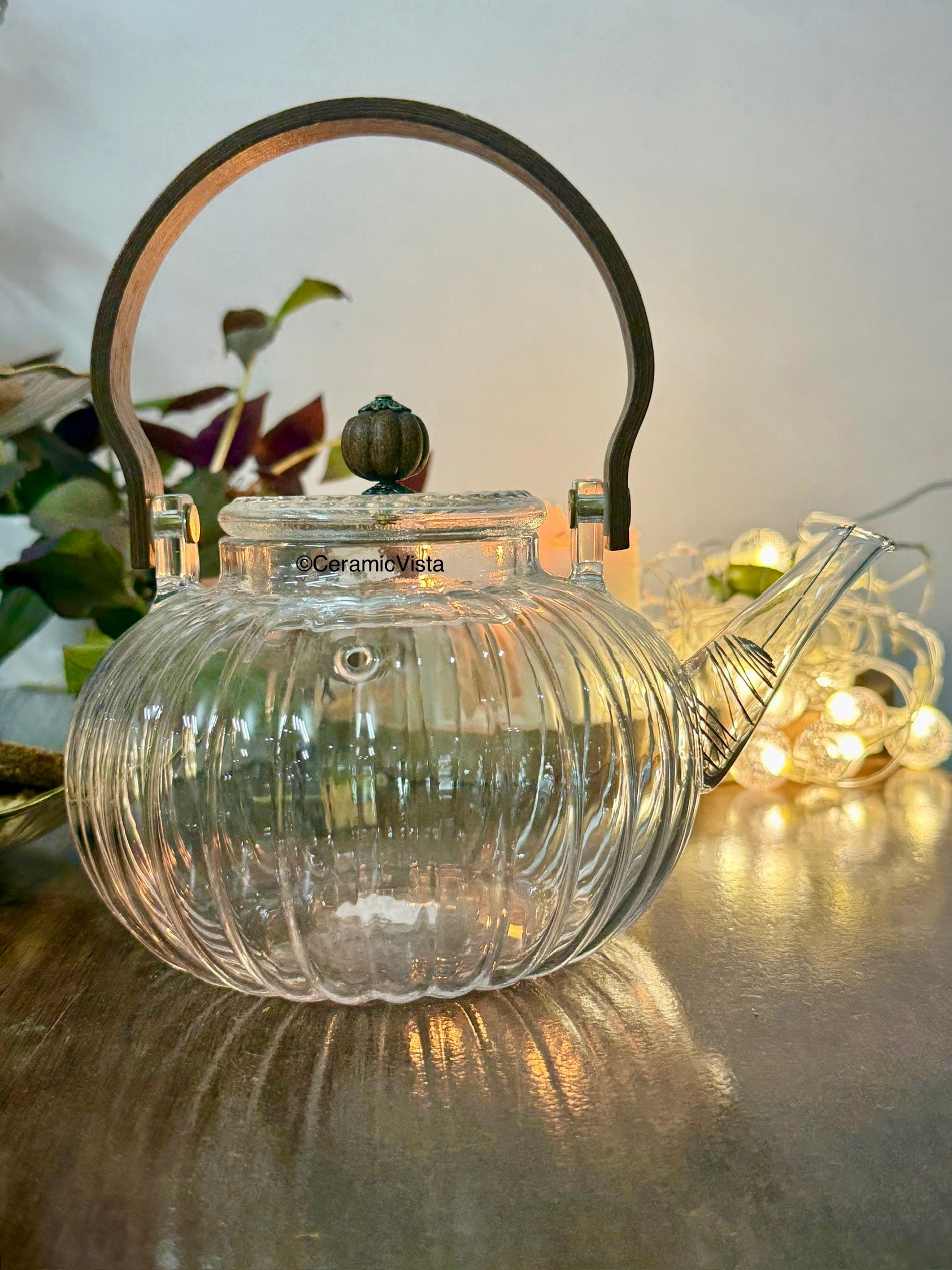 Amber Glow Ribbed Glass Teapot with Infuser & Handle – CeramicVista