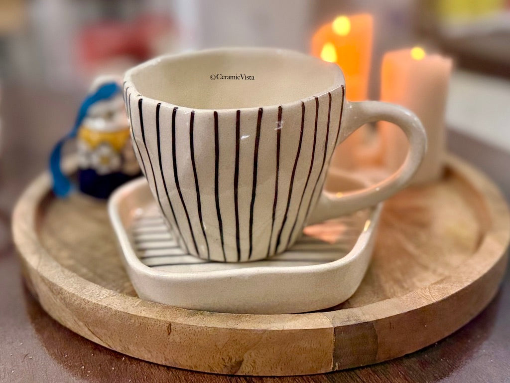 Striped Ceramic Mug With Matching Saucer | CeramicVista