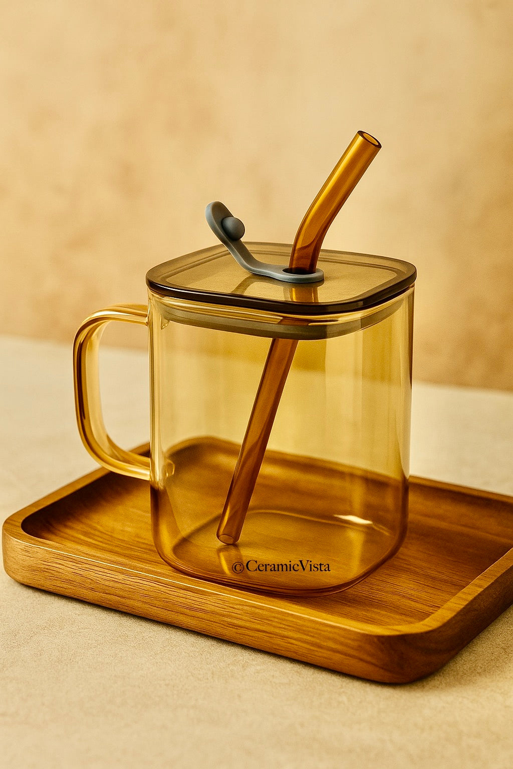 Amber Square Glass Mug with Lid & Straw – Heat-Resistant Modern Sipper | CeramicVista