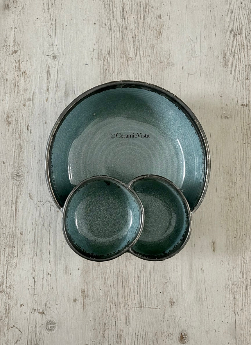 Handcrafted Dual-Compartment Serve Bowl – Teal Drip Glaze Design | CeramicVista