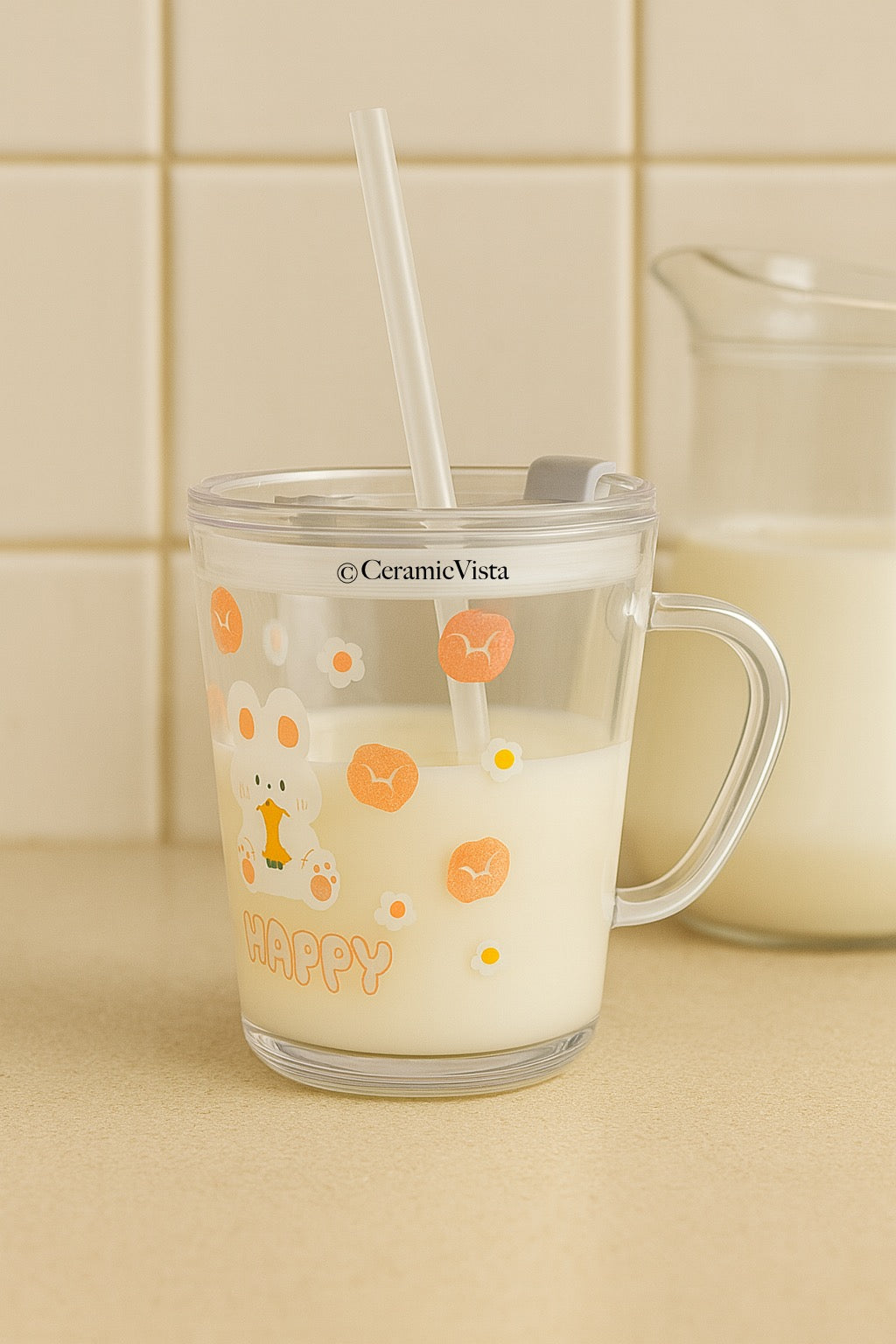 Happy Bear Printed Glass Milk Mug with Lid & Straw | Cute Clear Cup | CeramicVista