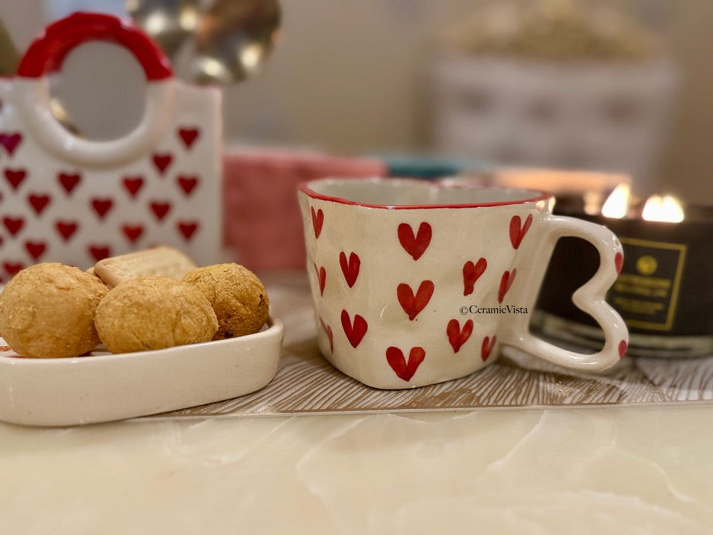 Midnight Romance - Heart Ceramic Mug- Pink, Blue, Heart Prints, White