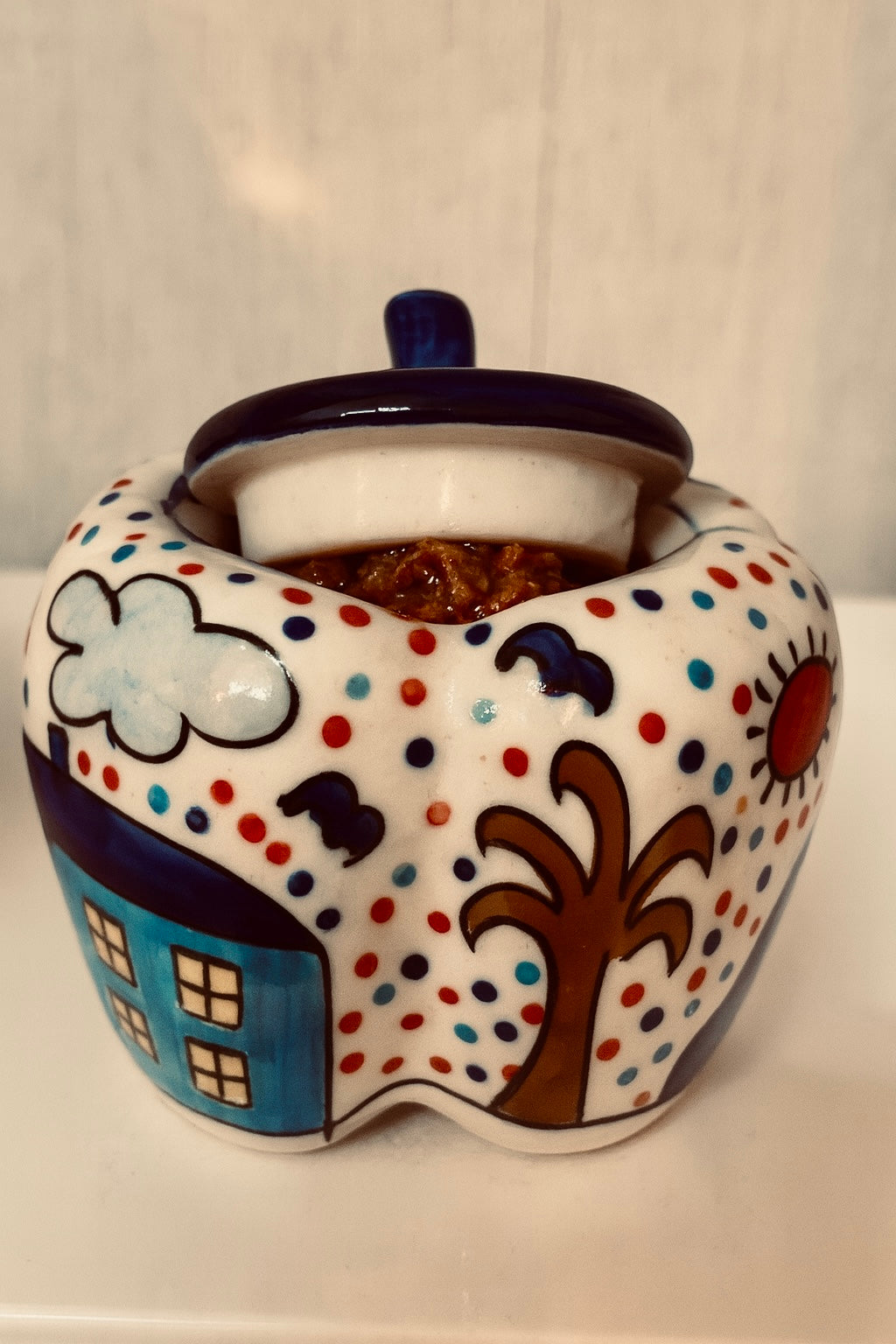 Hand-Painted Floral Ceramic Pickle / Condiment Jar/ Holder with Lid