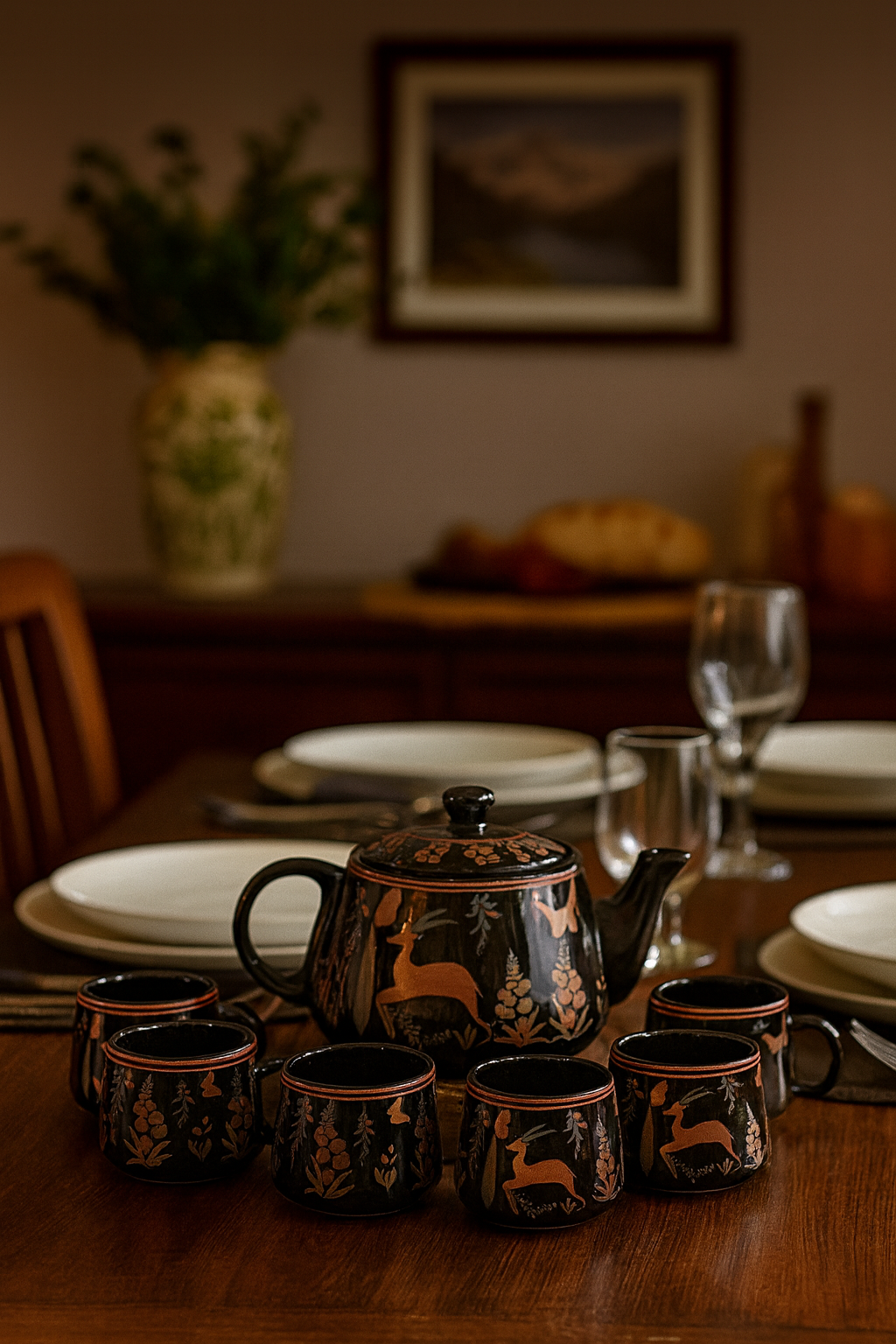 Hand-Painted Midnight Deer Ceramic Teapot Set (1 Kettle + 6 Cups) | CeramicVista