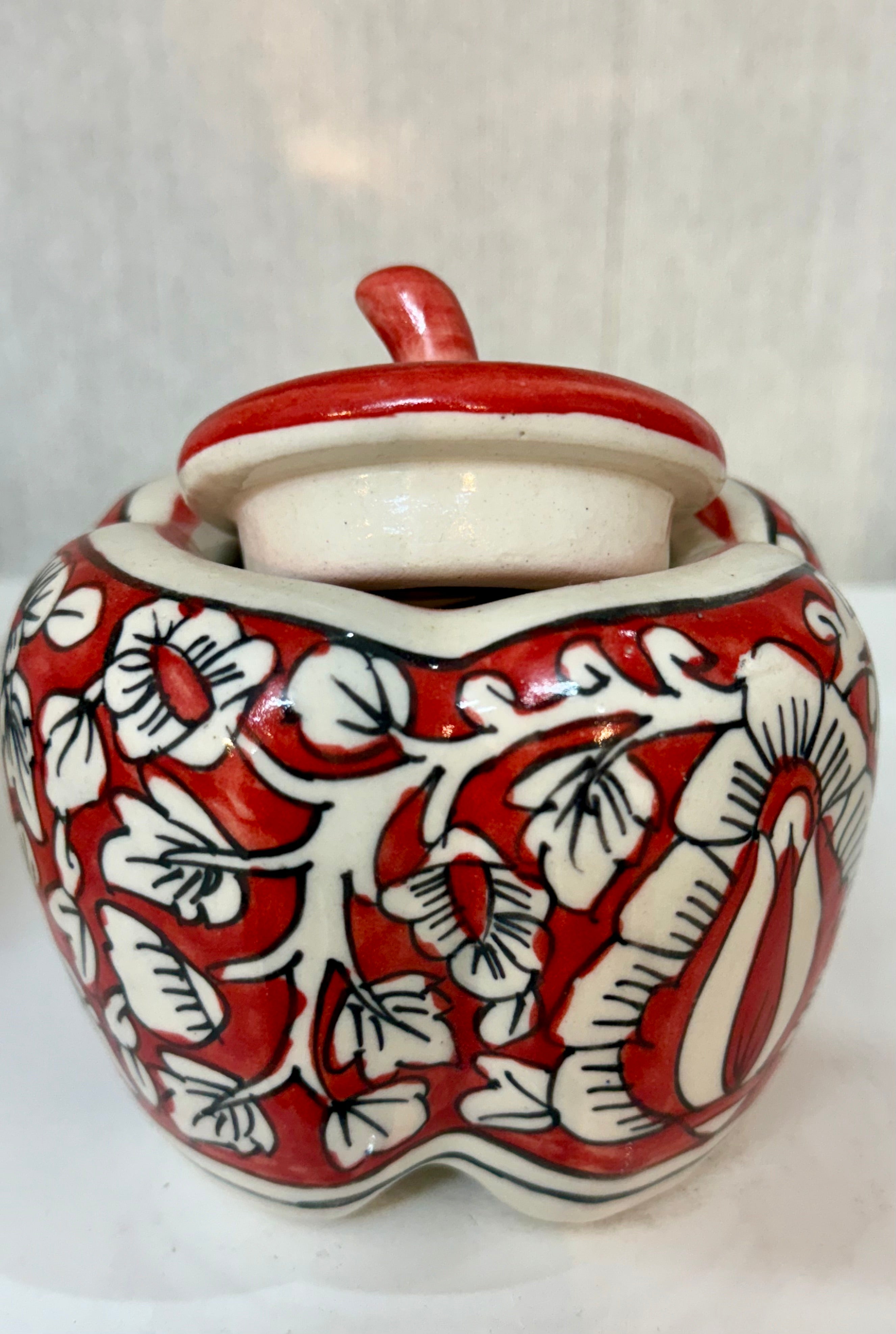 Hand-Painted Floral Ceramic Pickle / Condiment Jar/ Holder with Lid