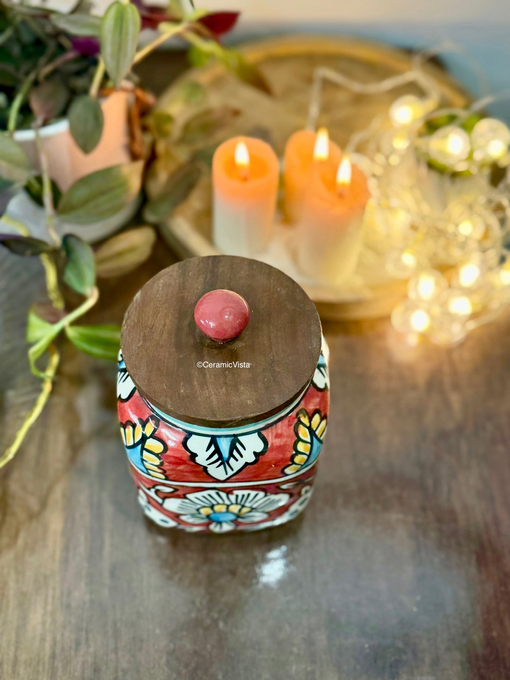 Red Floral Hand-Painted Ceramic Storage Jar(soft-square) with Wooden Lid | CeramicVista