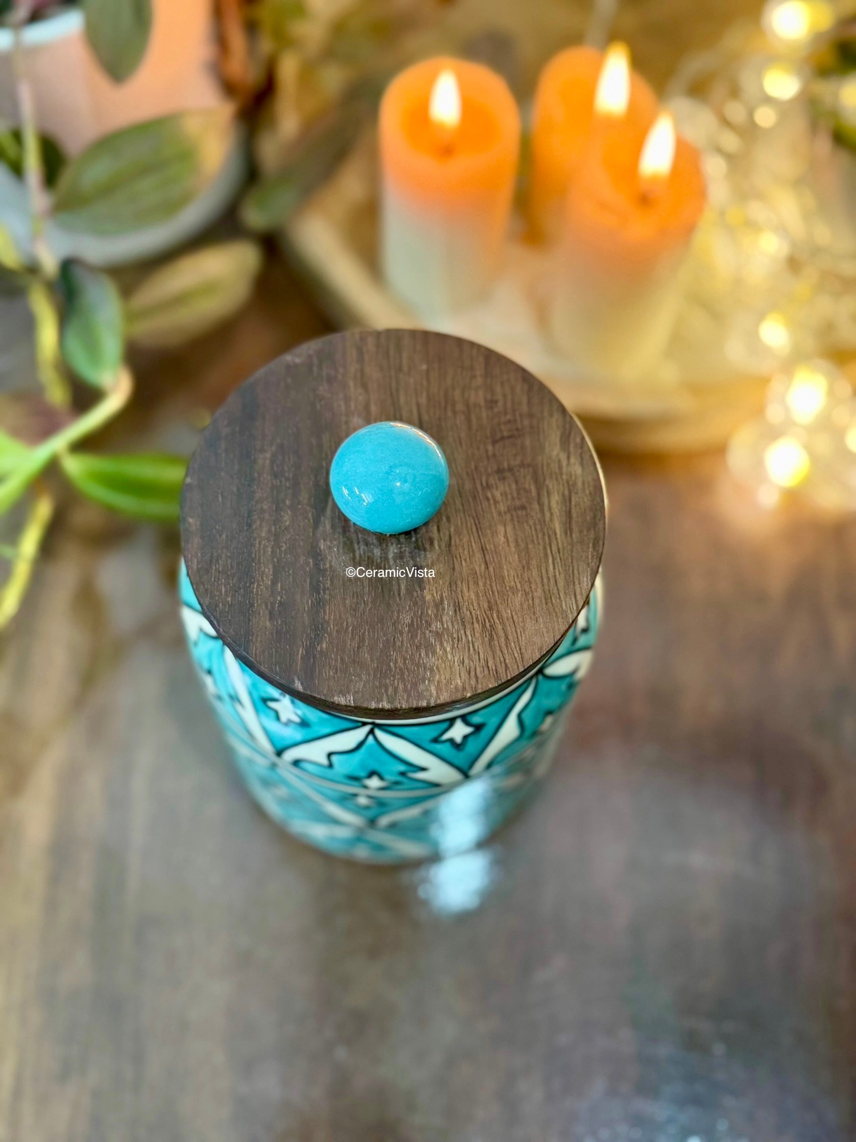 Blue-Cyan Moroccan Hand-Painted Ceramic Jar with Wooden Lid | CeramicVista