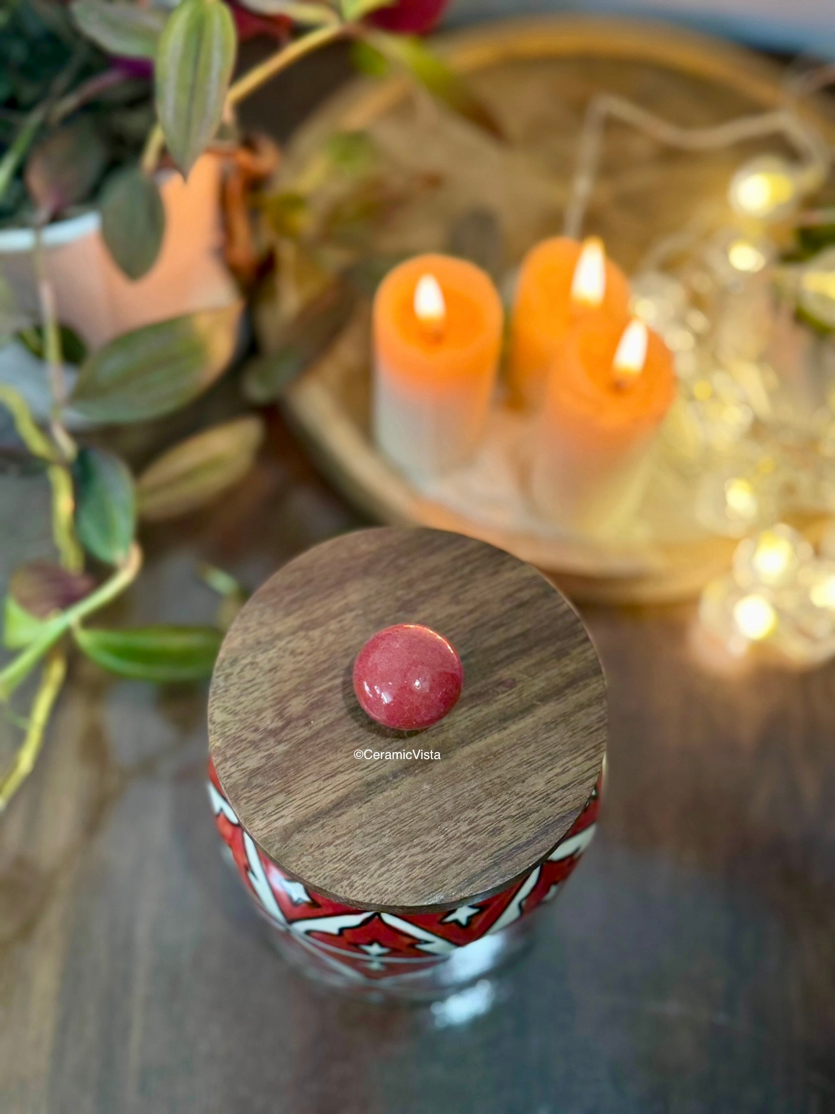 Red Moroccan Hand-Painted Ceramic Jar with Wooden Lid | CeramicVista