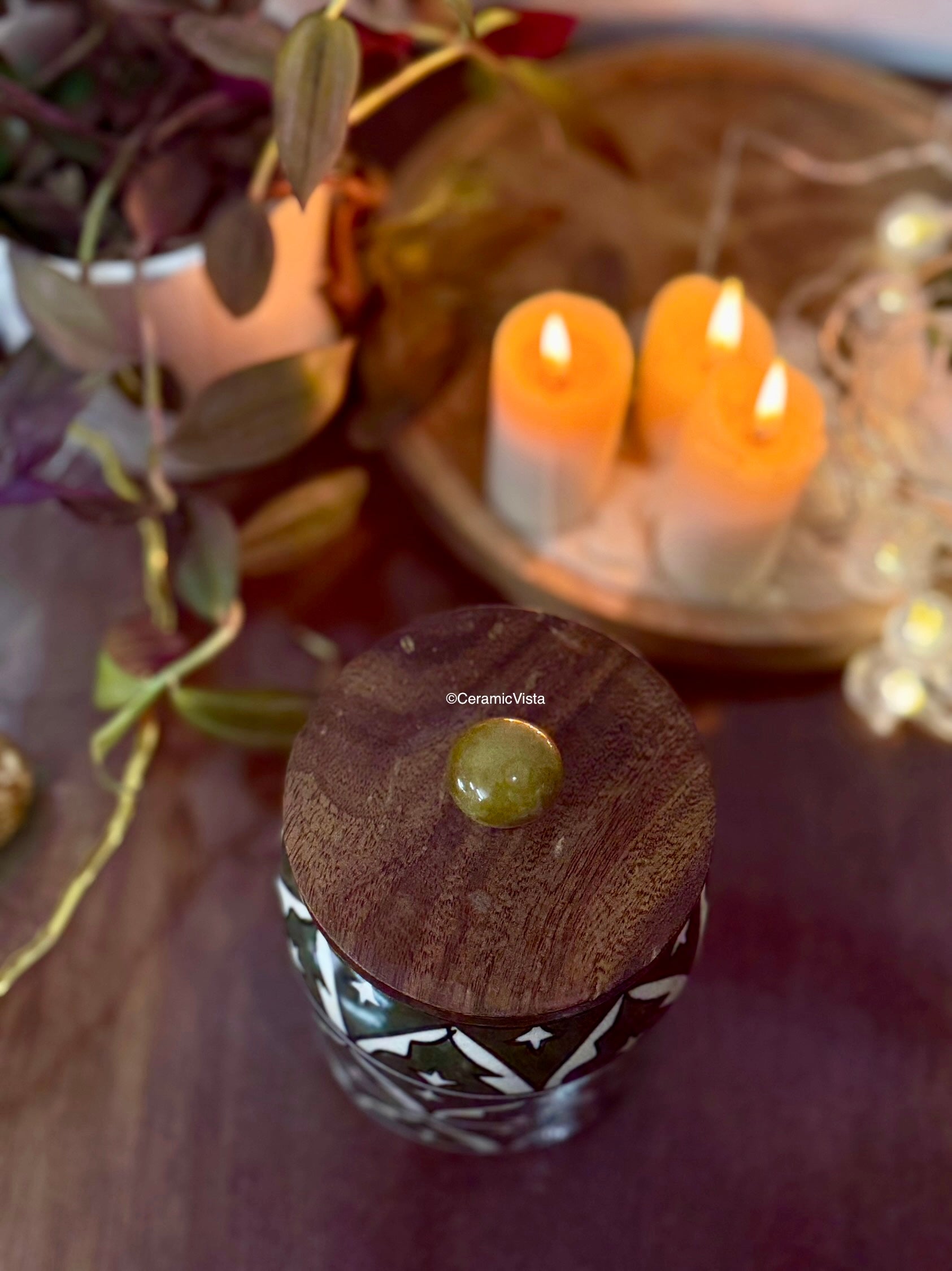 Green Moroccan Print Ceramic Storage Jar with Wooden Lid | CeramicVista