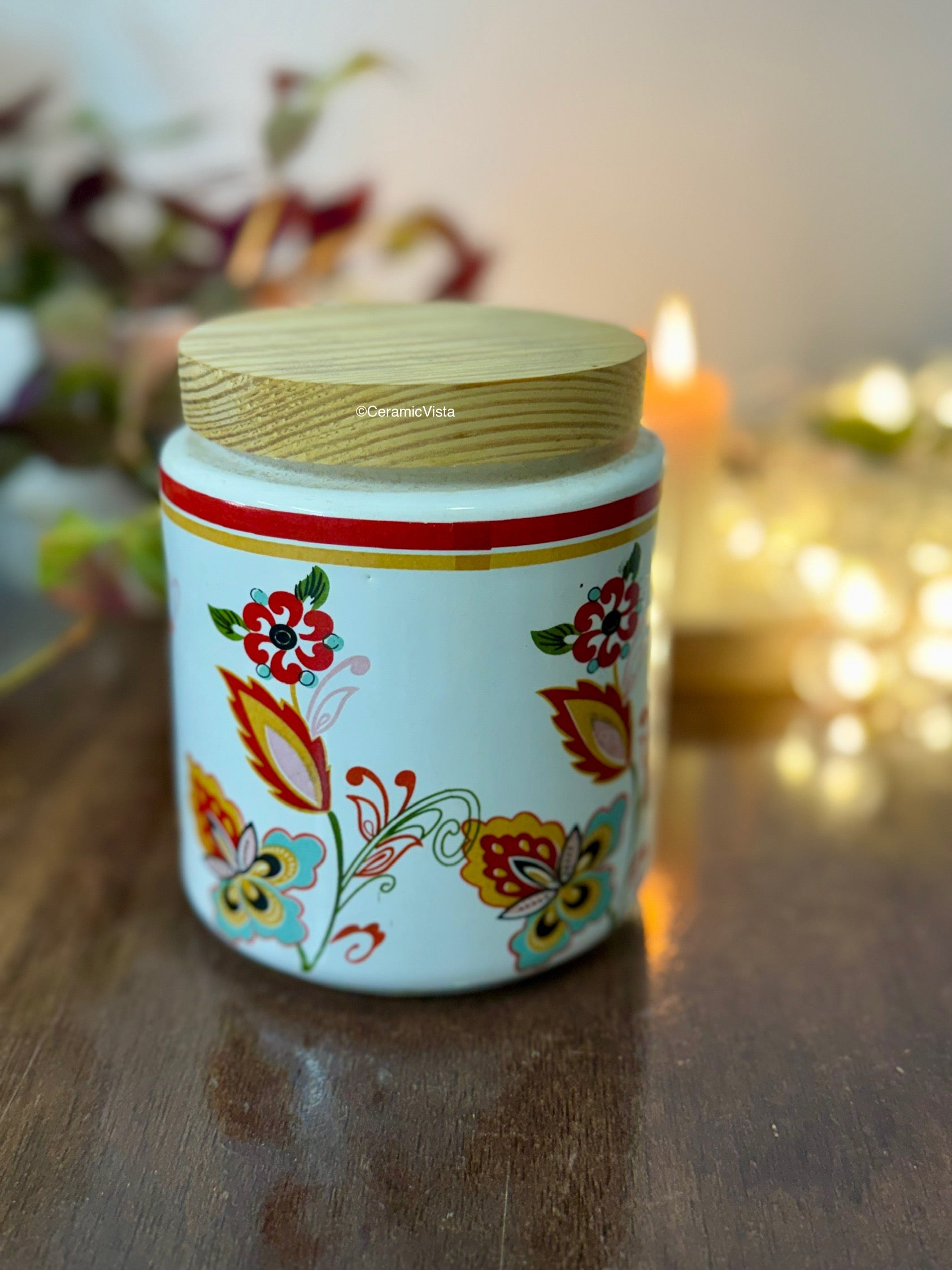 Floral Print Ceramic Storage/Organise Jar with Wooden Airtight Lid | CeramicVista