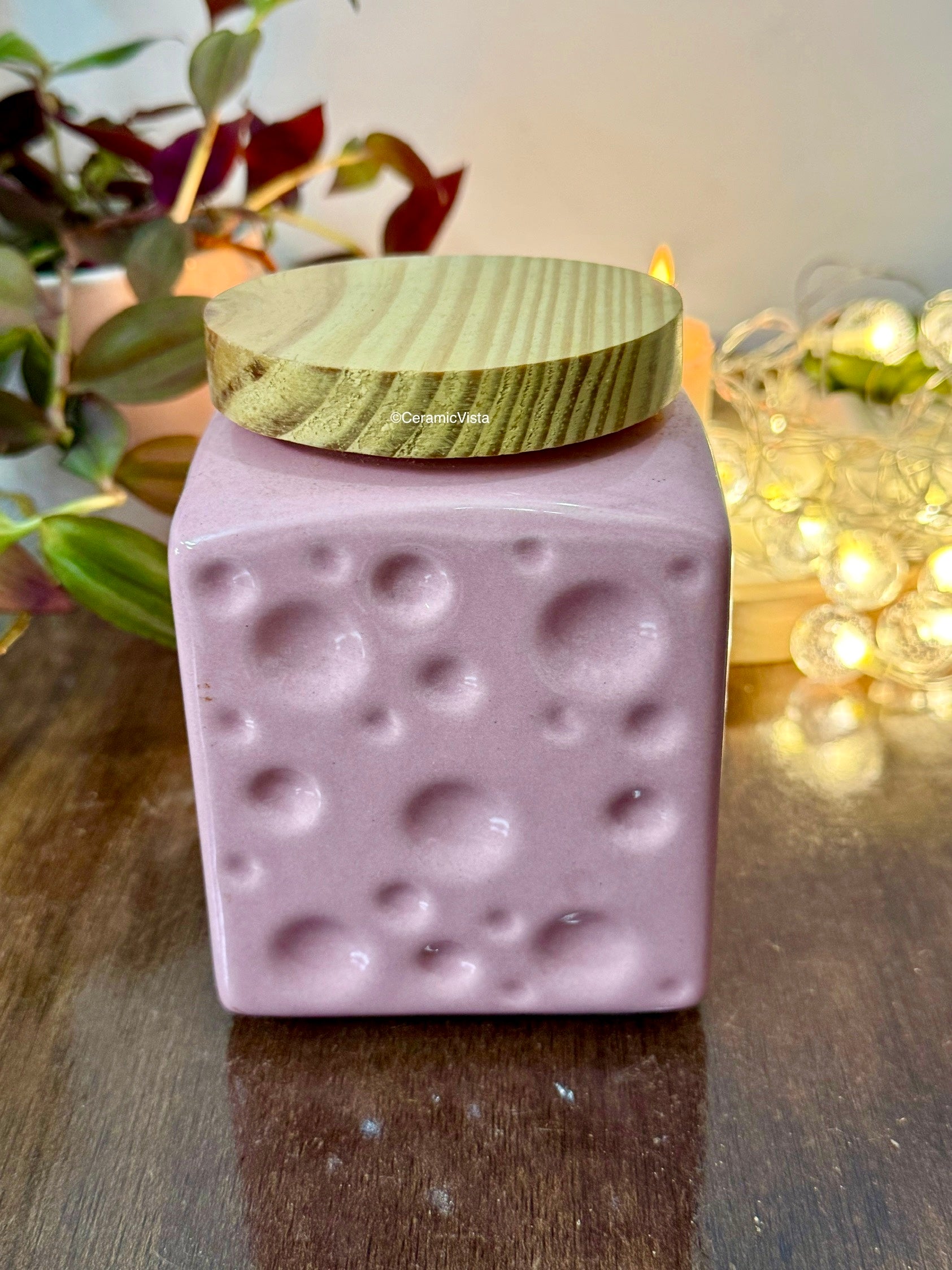 Pink Bubble Texture Ceramic Storage Jar with Wooden Lid | CeramicVista