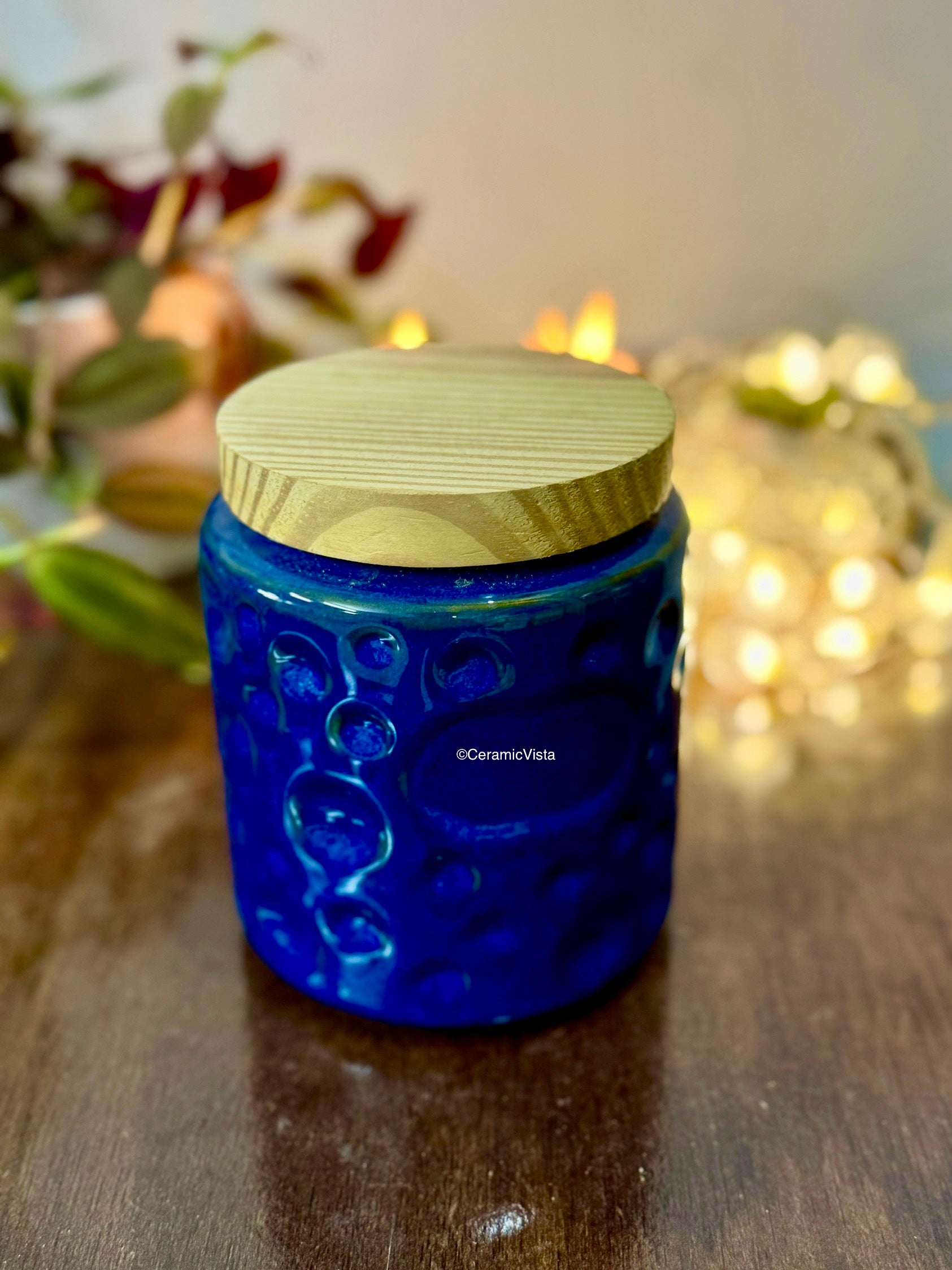 Blue Bubble-Texture Ceramic Storage Jar with Wooden Lid | CeramicVista