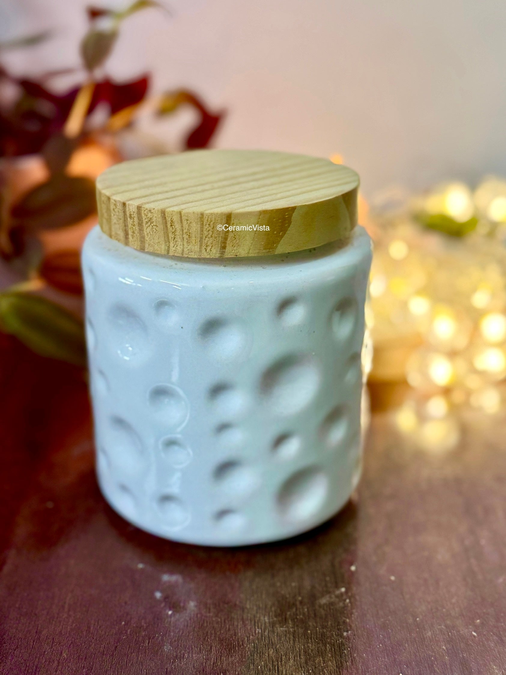 White Bubble Texture Ceramic Storage/Organise Jar with Wooden Lid | CeramicVista
