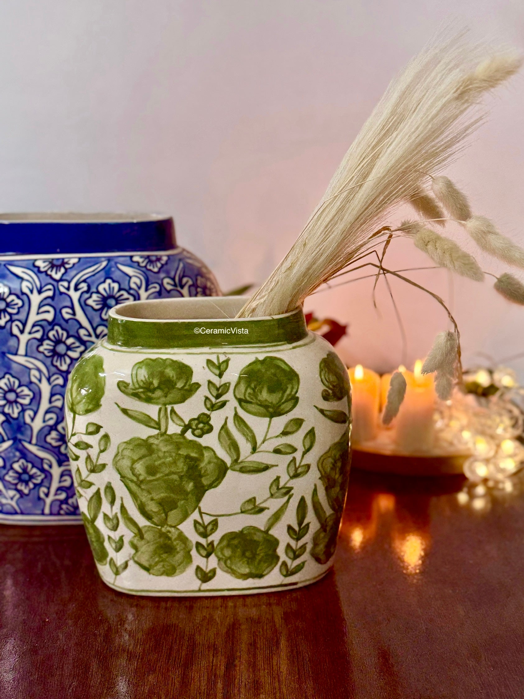 Hand-Painted Green Floral Ceramic Vase | CeramicVista