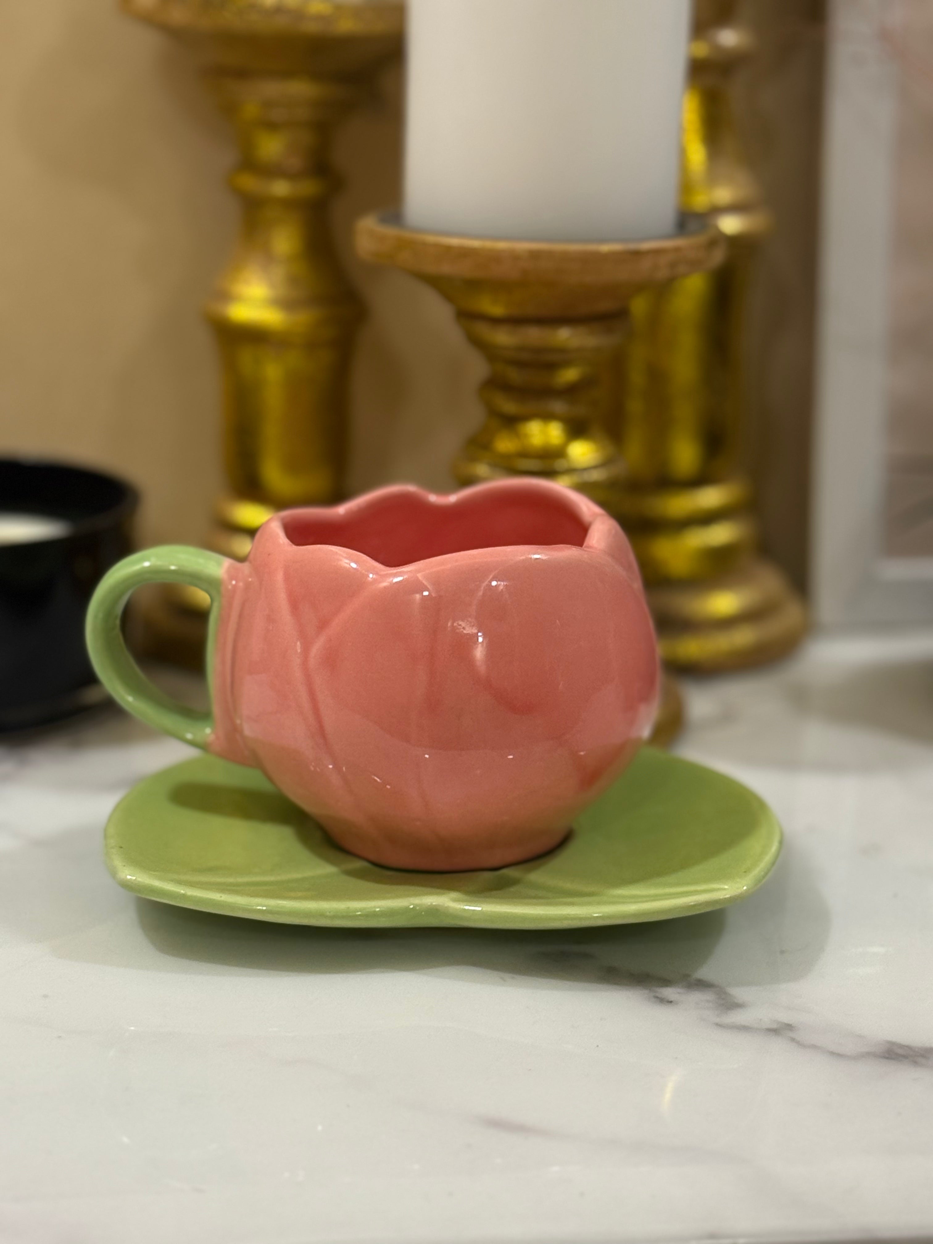Pink Tulip Cup & Leaf Saucer Set