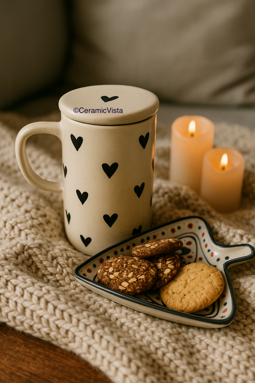 Heart Mug with Lid – Cute Ceramic Mug for Tea & Coffee- Red, Blue, Black Hearts, Double-tone